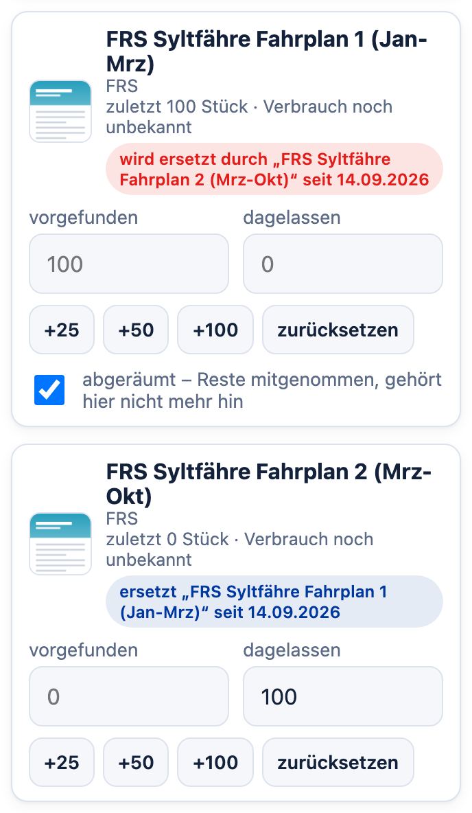 Alter Fahrplan mit gesetztem Haken abgeräumt, darunter der neue mit 100 Stück