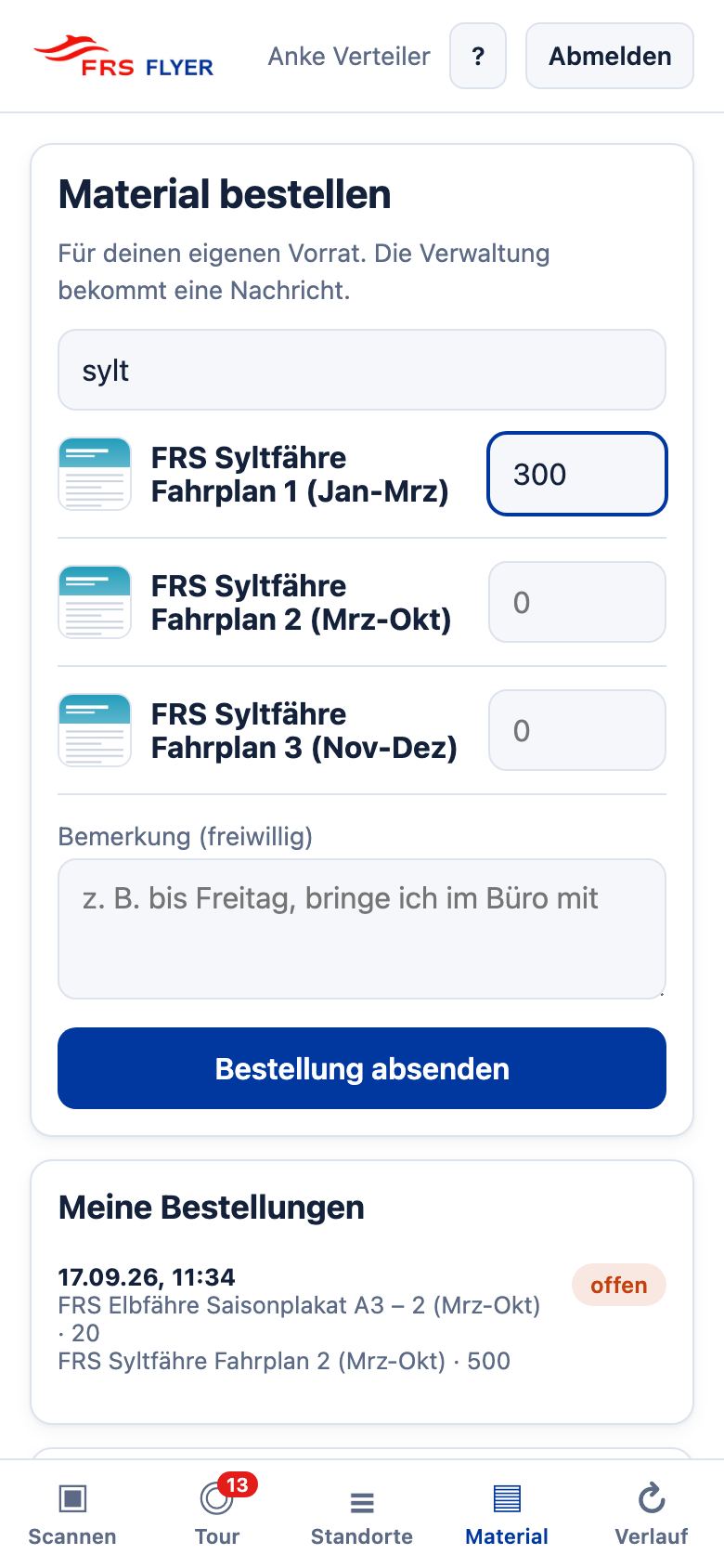 Materialbestellung mit Suchfeld und Mengen