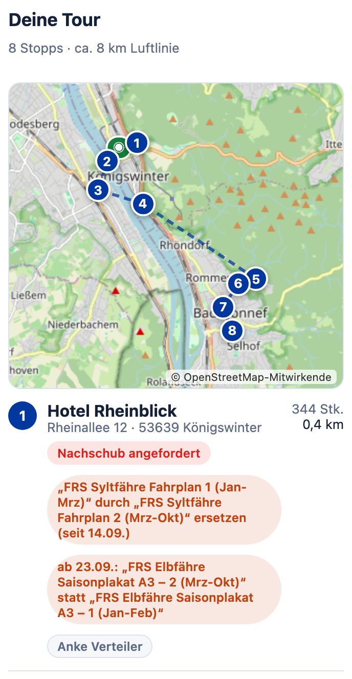 Geplante Tour auf der Karte mit nummerierten Halten