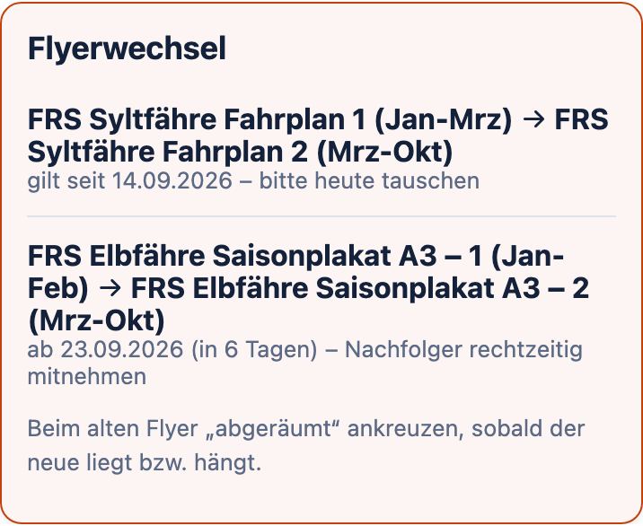 Kasten Flyerwechsel mit altem und neuem Fahrplan